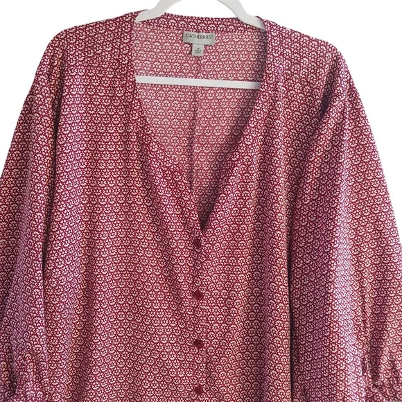 CATHERINES Button Up Blouse Womens 4X Red Geometric Georgette Tie 3/4 Sleeve - Picture 3 of 13